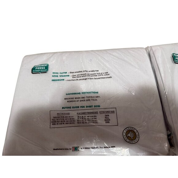 Full Flat No-Iron Sheet Set of 2 Polyester White Cotton Vintage K-Mart NWT - Picture 4 of 5